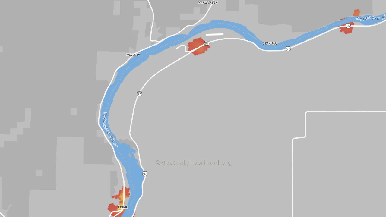 Walk Grade map of 98843, WA, walkable areas in green and car-dependent areas in red
