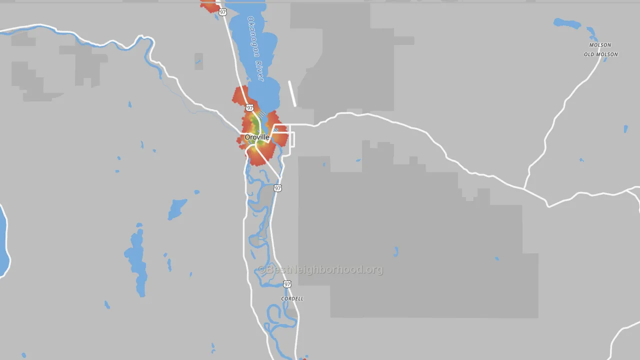 Walk Grade map of 98844, WA, walkable areas in green and car-dependent areas in red