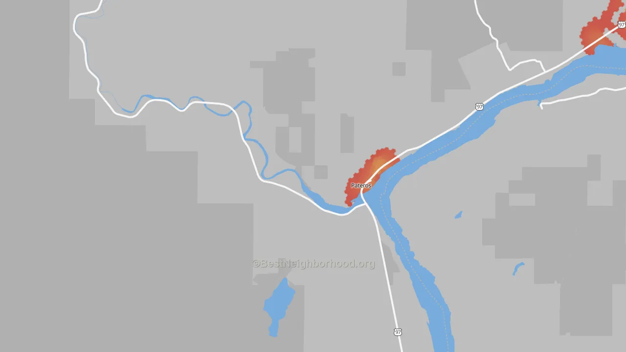 Walk Grade map of 98846, WA, walkable areas in green and car-dependent areas in red