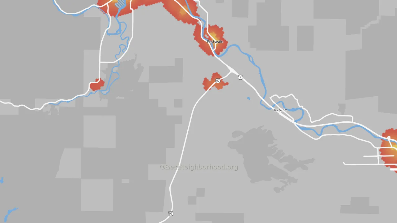Walk Grade map of 98847, WA, walkable areas in green and car-dependent areas in red