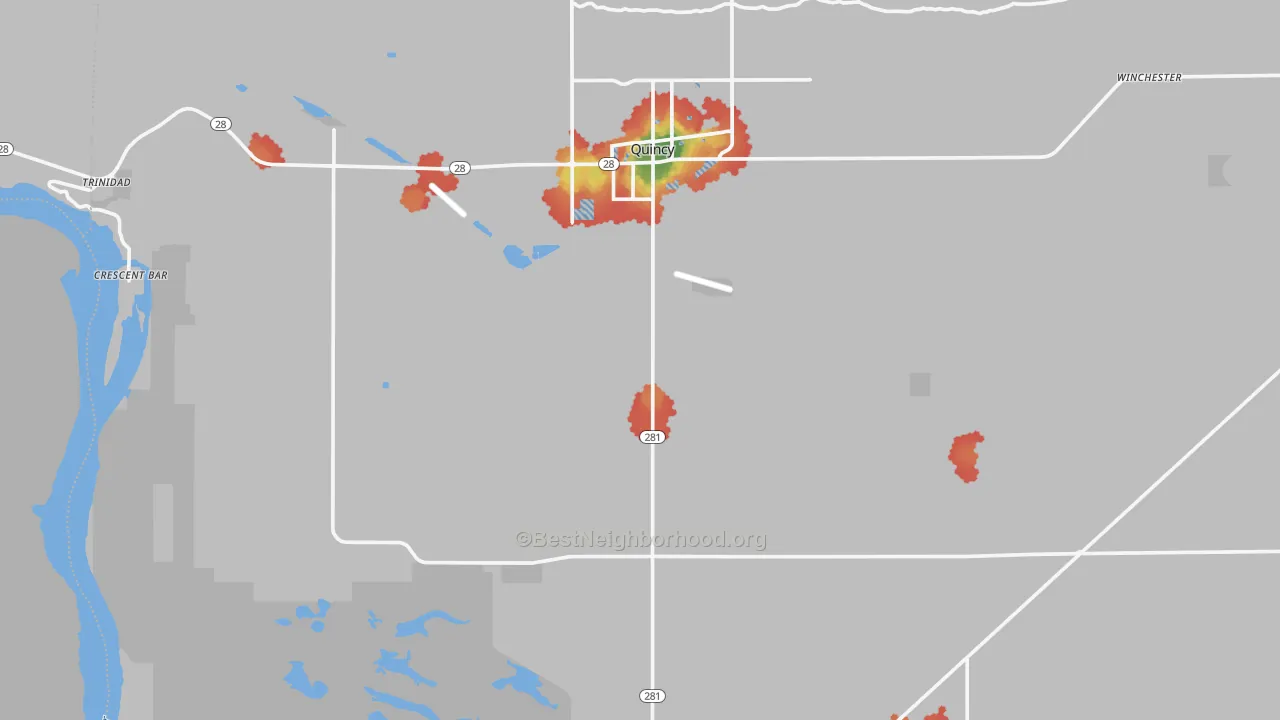 Walk Grade map of 98848, WA, walkable areas in green and car-dependent areas in red