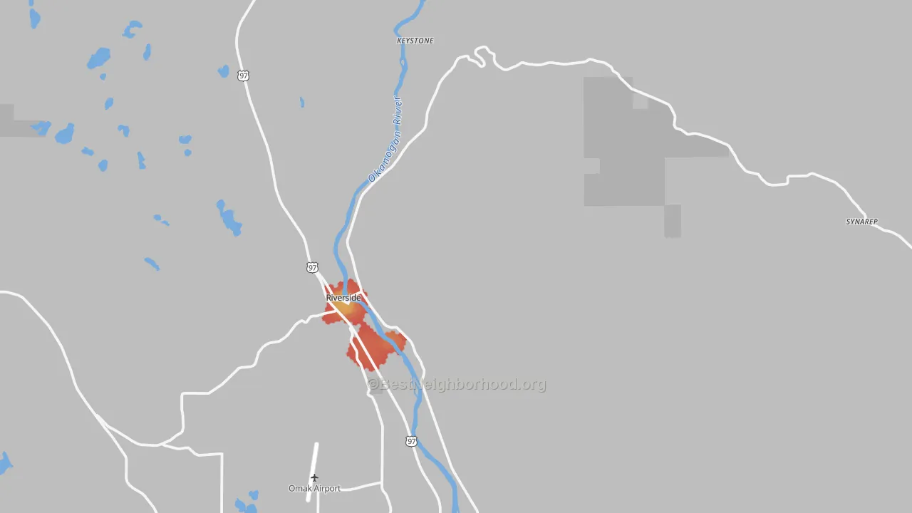Walk Grade map of 98849, WA, walkable areas in green and car-dependent areas in red
