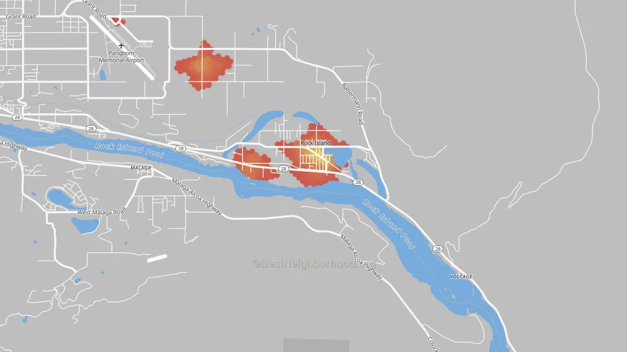 Walk Grade map of 98850, WA, walkable areas in green and car-dependent areas in red
