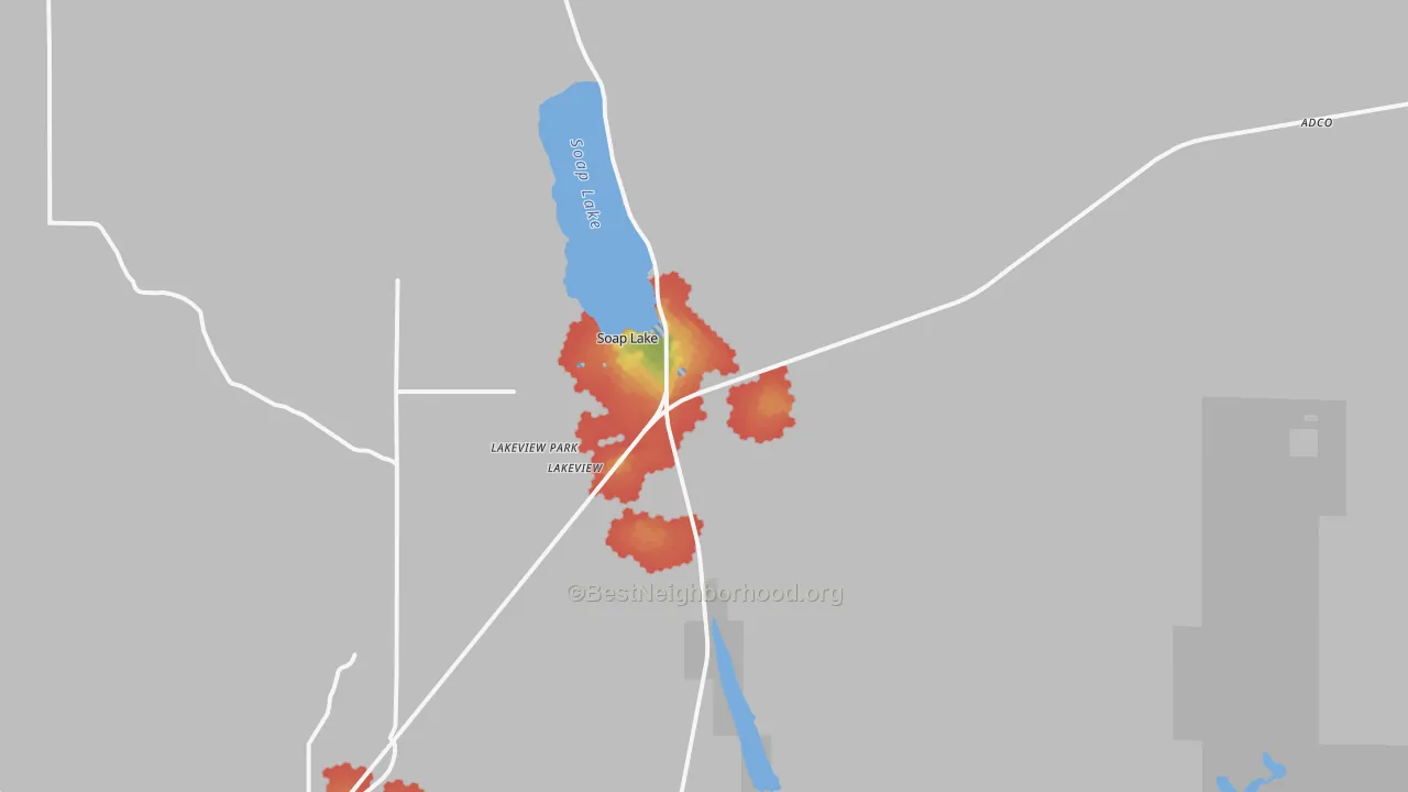 Walk Grade map of 98851, WA, walkable areas in green and car-dependent areas in red