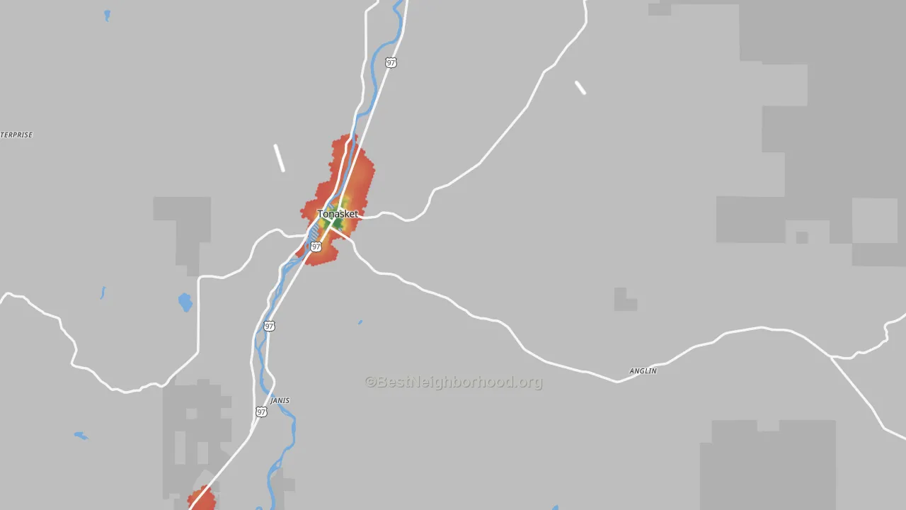 Walk Grade map of 98855, WA, walkable areas in green and car-dependent areas in red
