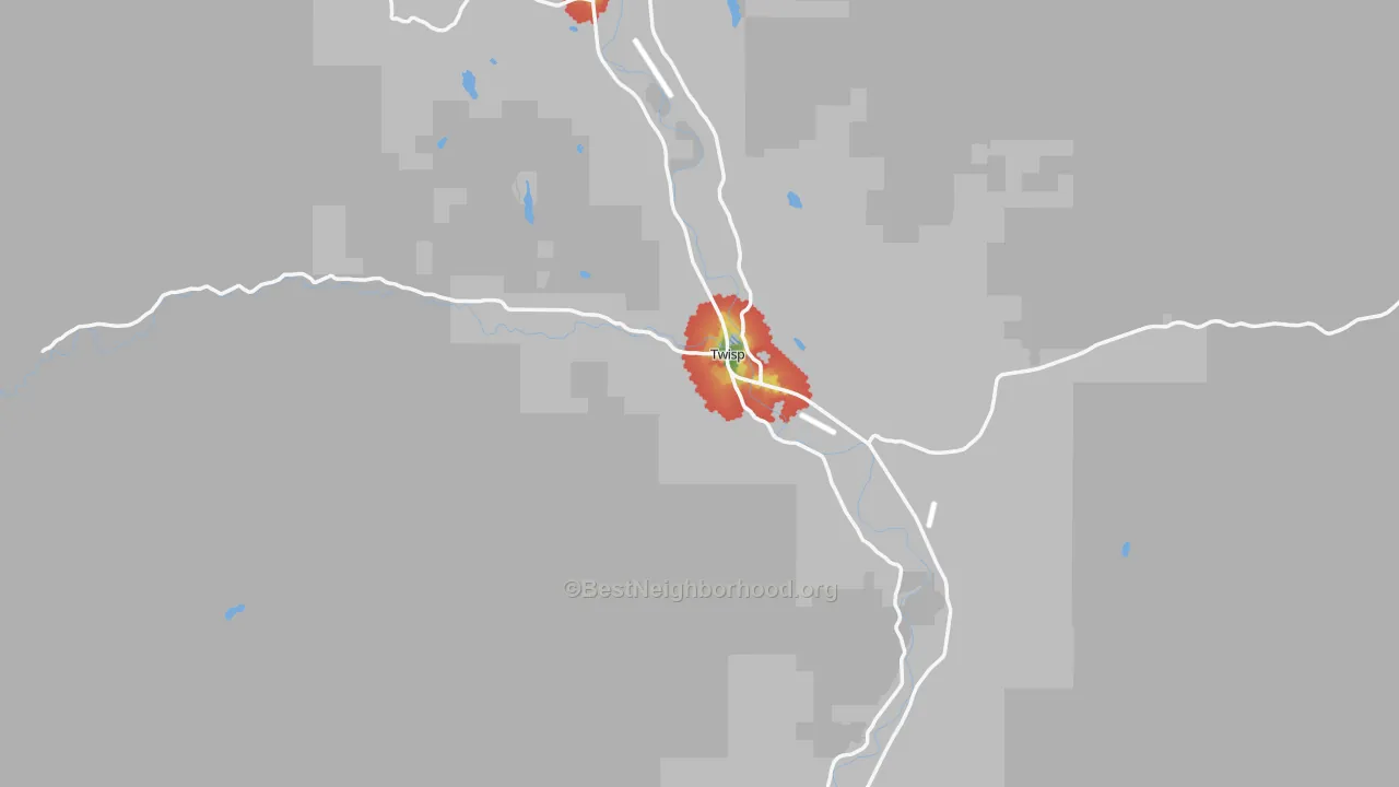 Walk Grade map of 98856, WA, walkable areas in green and car-dependent areas in red