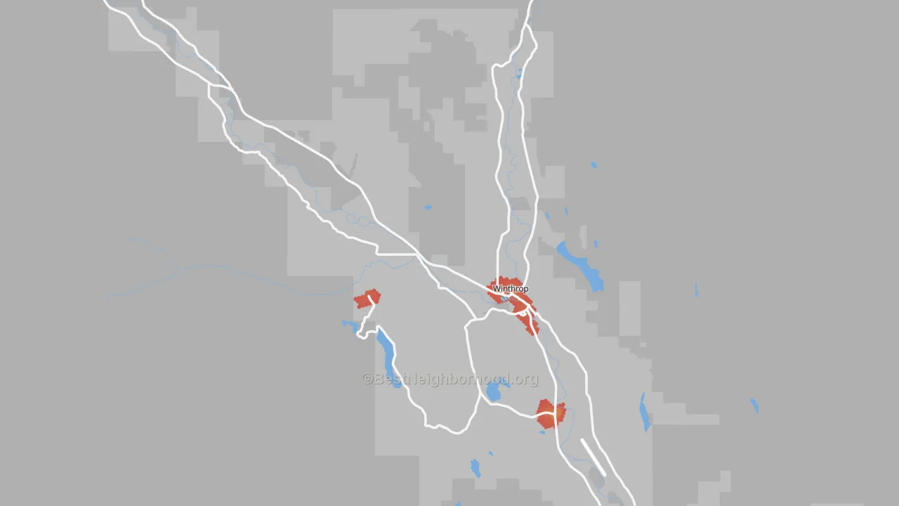 Walk Grade map of 98862, WA, walkable areas in green and car-dependent areas in red