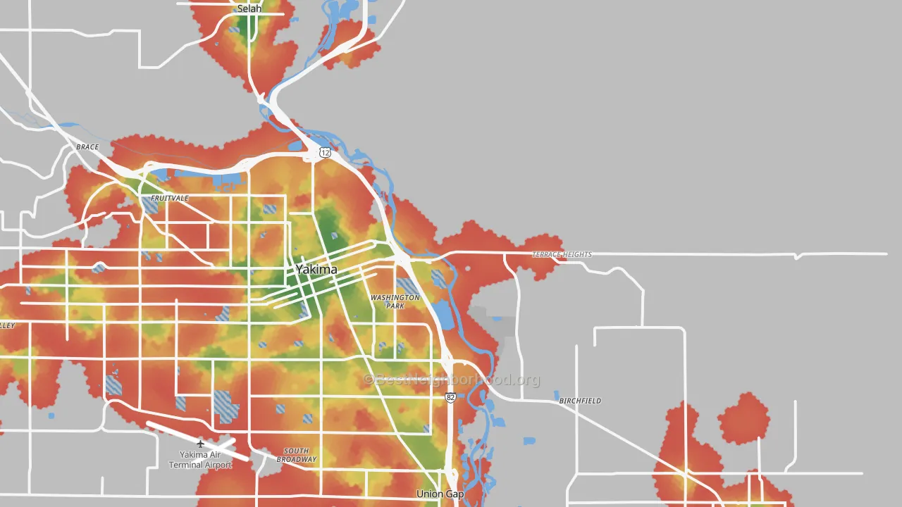 Walk Grade map of 98901, WA, walkable areas in green and car-dependent areas in red
