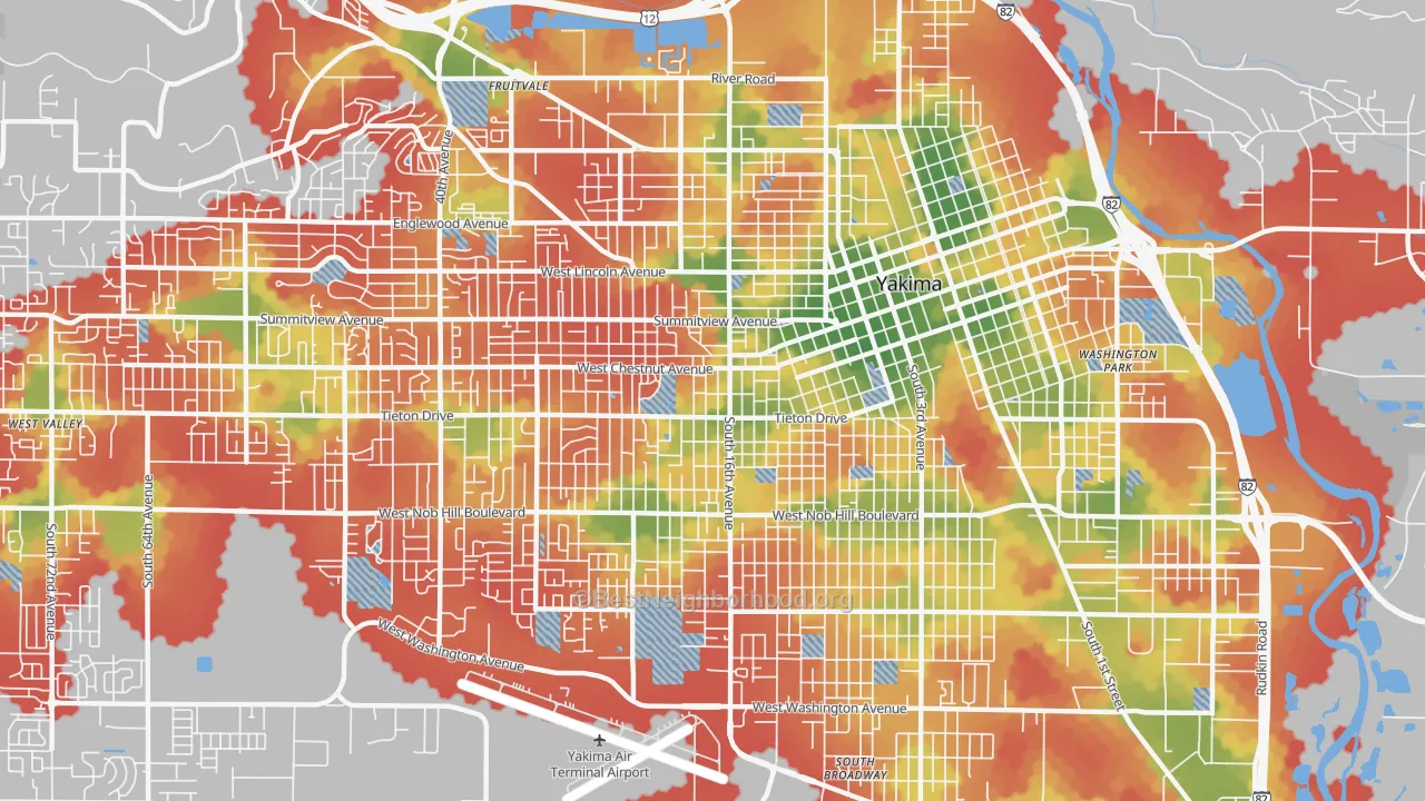 Walk Grade map of 98902, WA, walkable areas in green and car-dependent areas in red