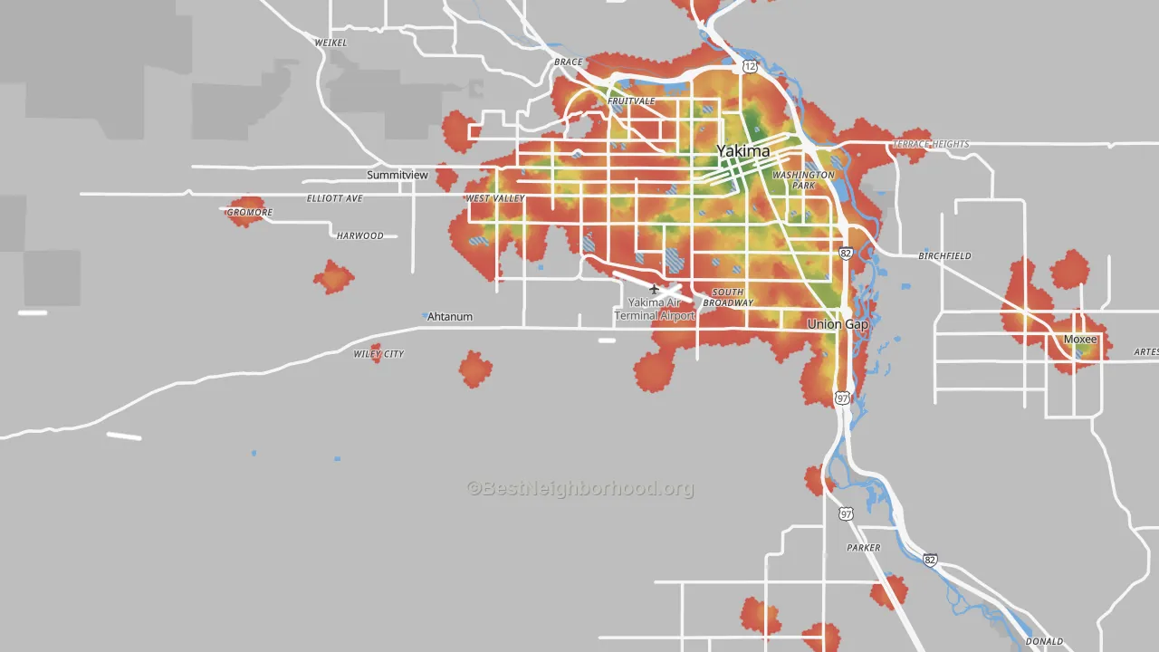 Walk Grade map of 98903, WA, walkable areas in green and car-dependent areas in red