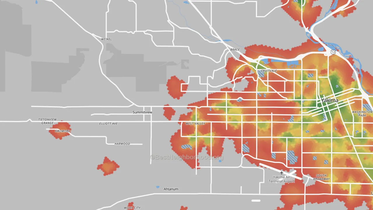 Walk Grade map of 98908, WA, walkable areas in green and car-dependent areas in red