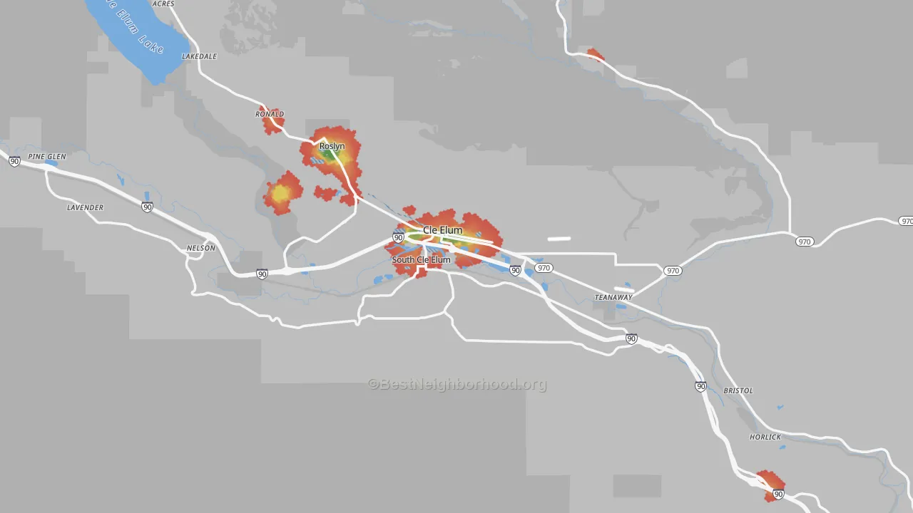 Walk Grade map of 98922, WA, walkable areas in green and car-dependent areas in red