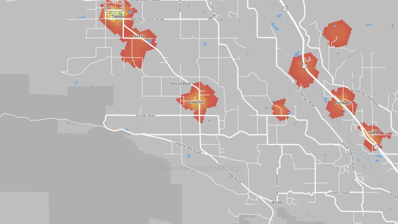 Walk Grade map of 98923, WA, walkable areas in green and car-dependent areas in red
