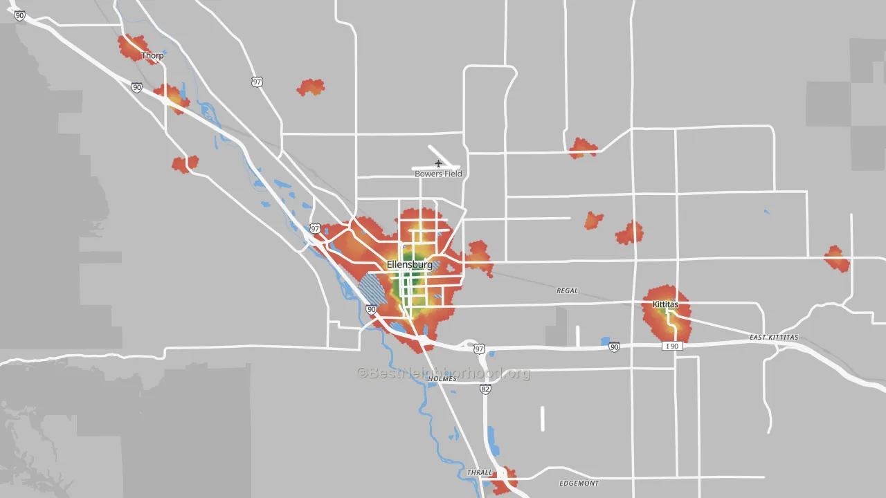 Walk Grade map of 98926, WA, walkable areas in green and car-dependent areas in red