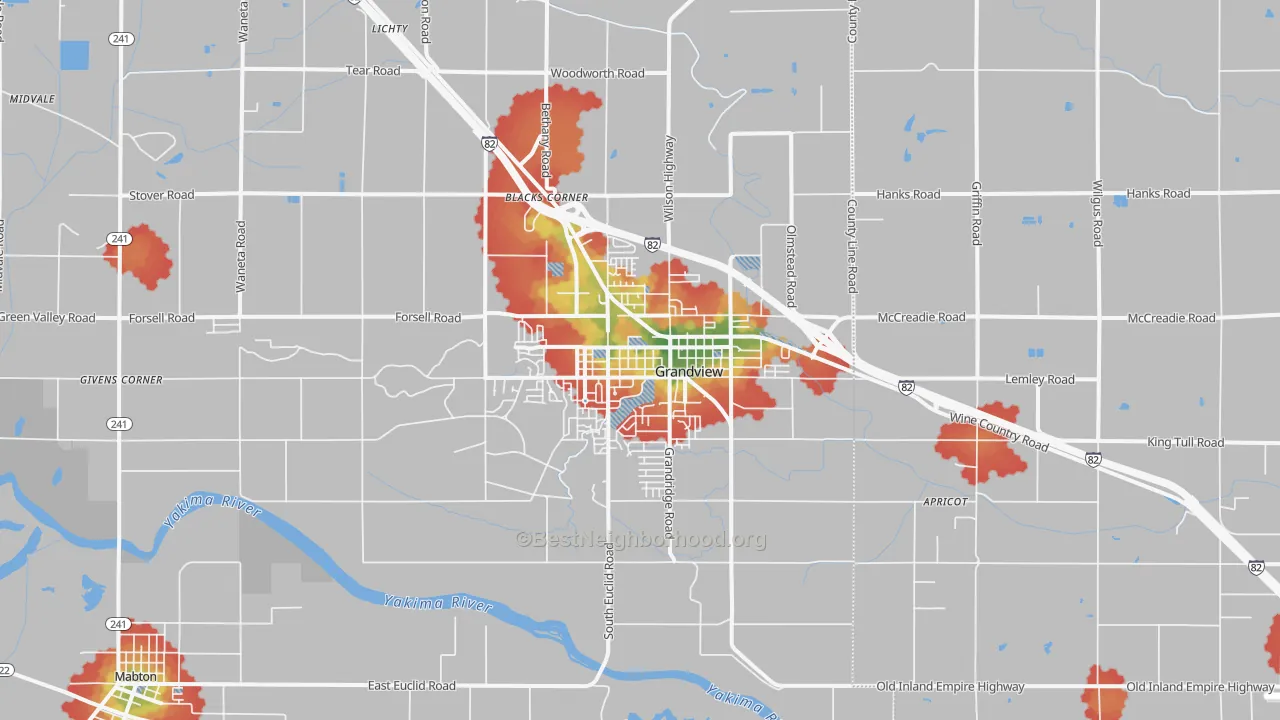 Walk Grade map of 98930, WA, walkable areas in green and car-dependent areas in red