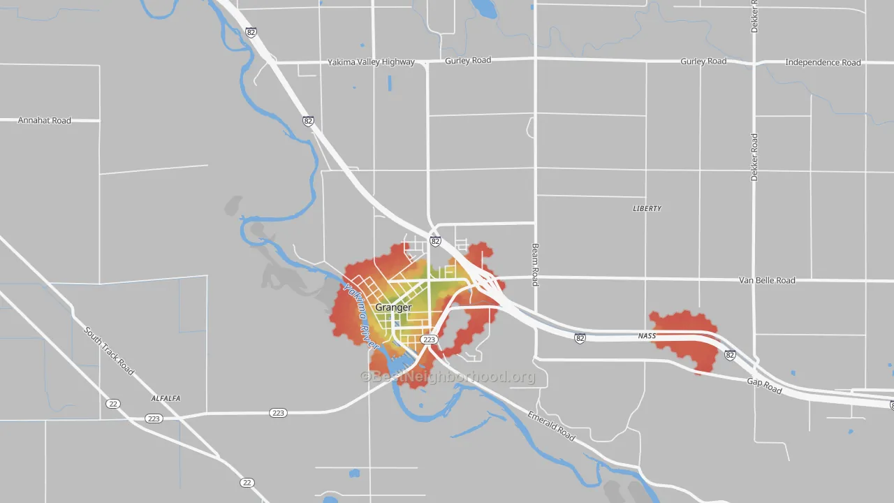 Walk Grade map of 98932, WA, walkable areas in green and car-dependent areas in red