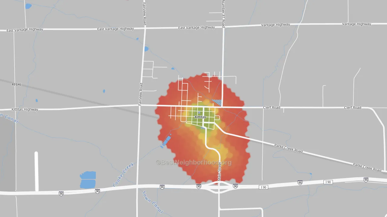 Walk Grade map of 98934, WA, walkable areas in green and car-dependent areas in red