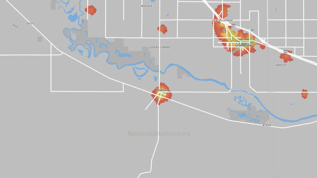 Walk Grade map of 98935, WA, walkable areas in green and car-dependent areas in red