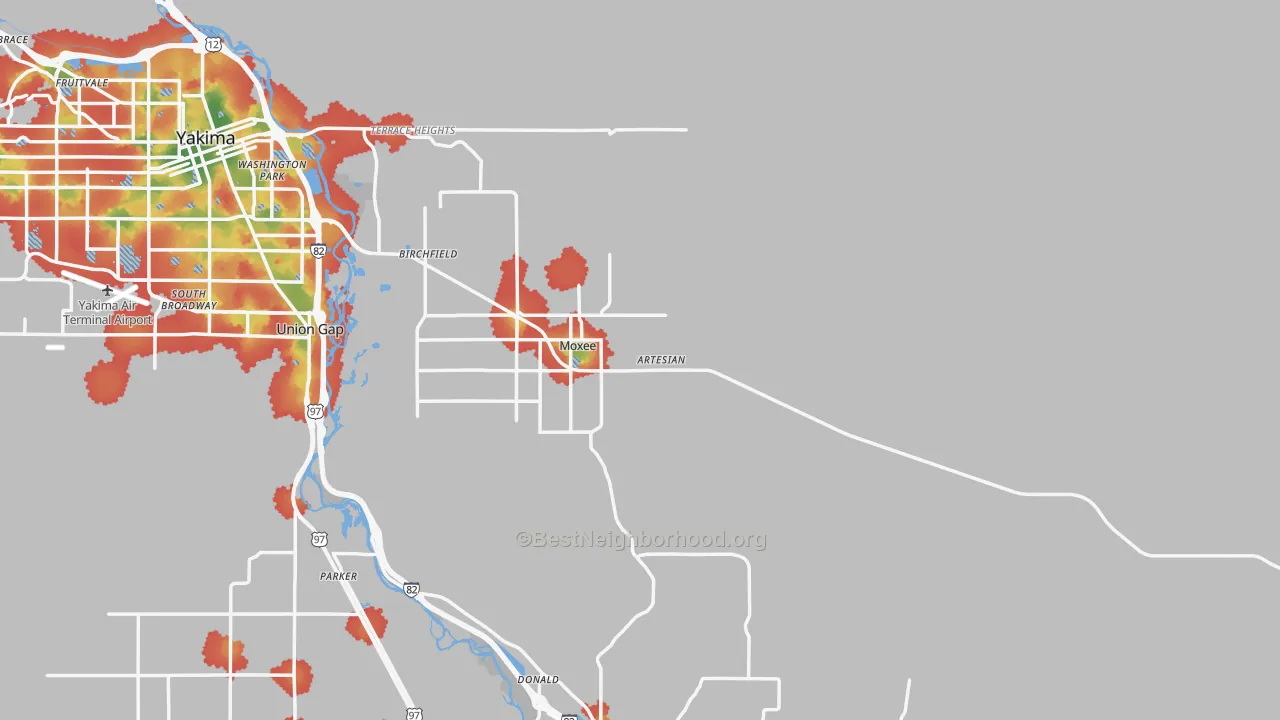 Walk Grade map of 98936, WA, walkable areas in green and car-dependent areas in red