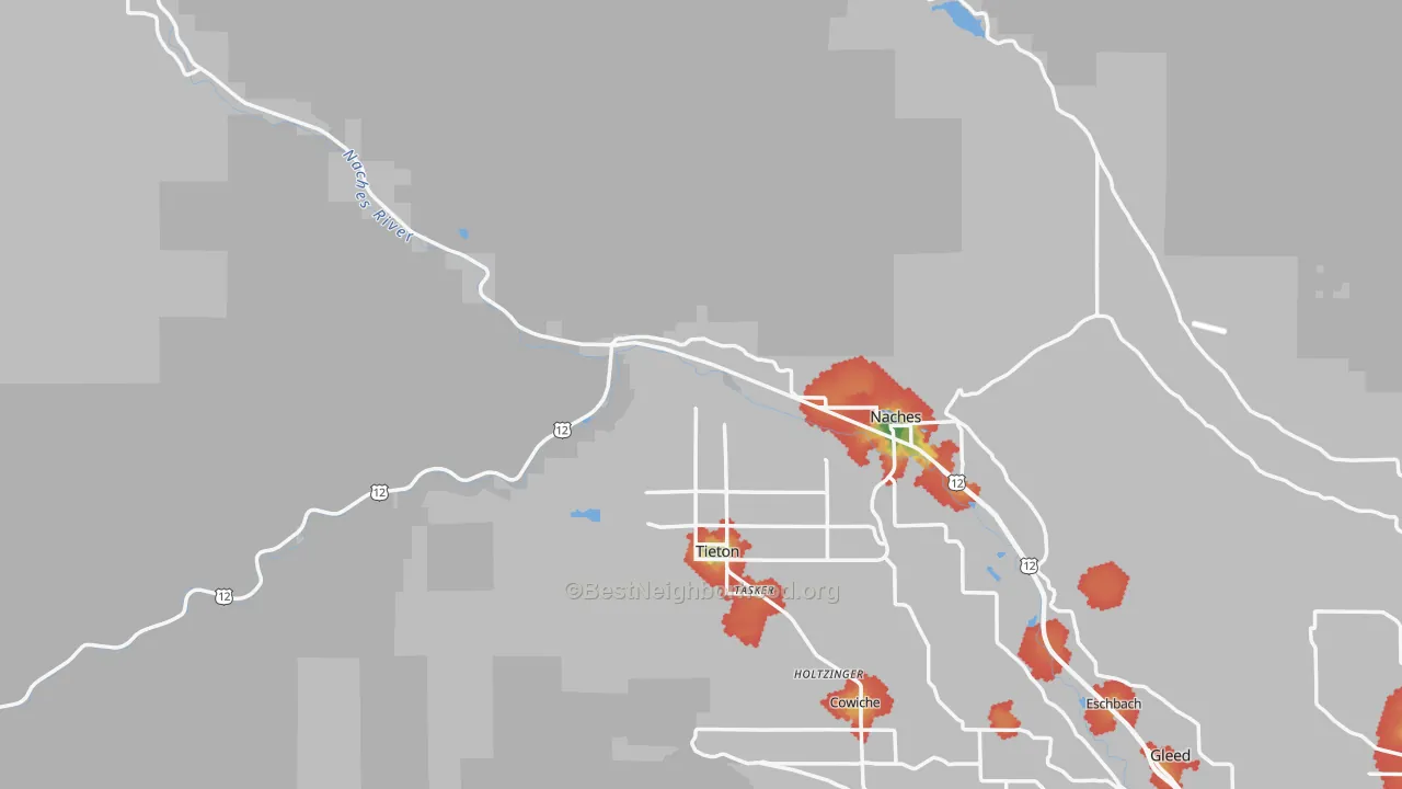 Walk Grade map of 98937, WA, walkable areas in green and car-dependent areas in red