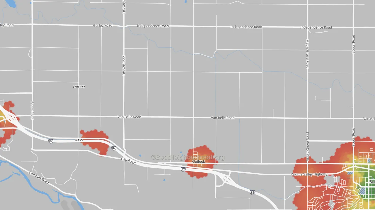 Walk Grade map of 98938, WA, walkable areas in green and car-dependent areas in red