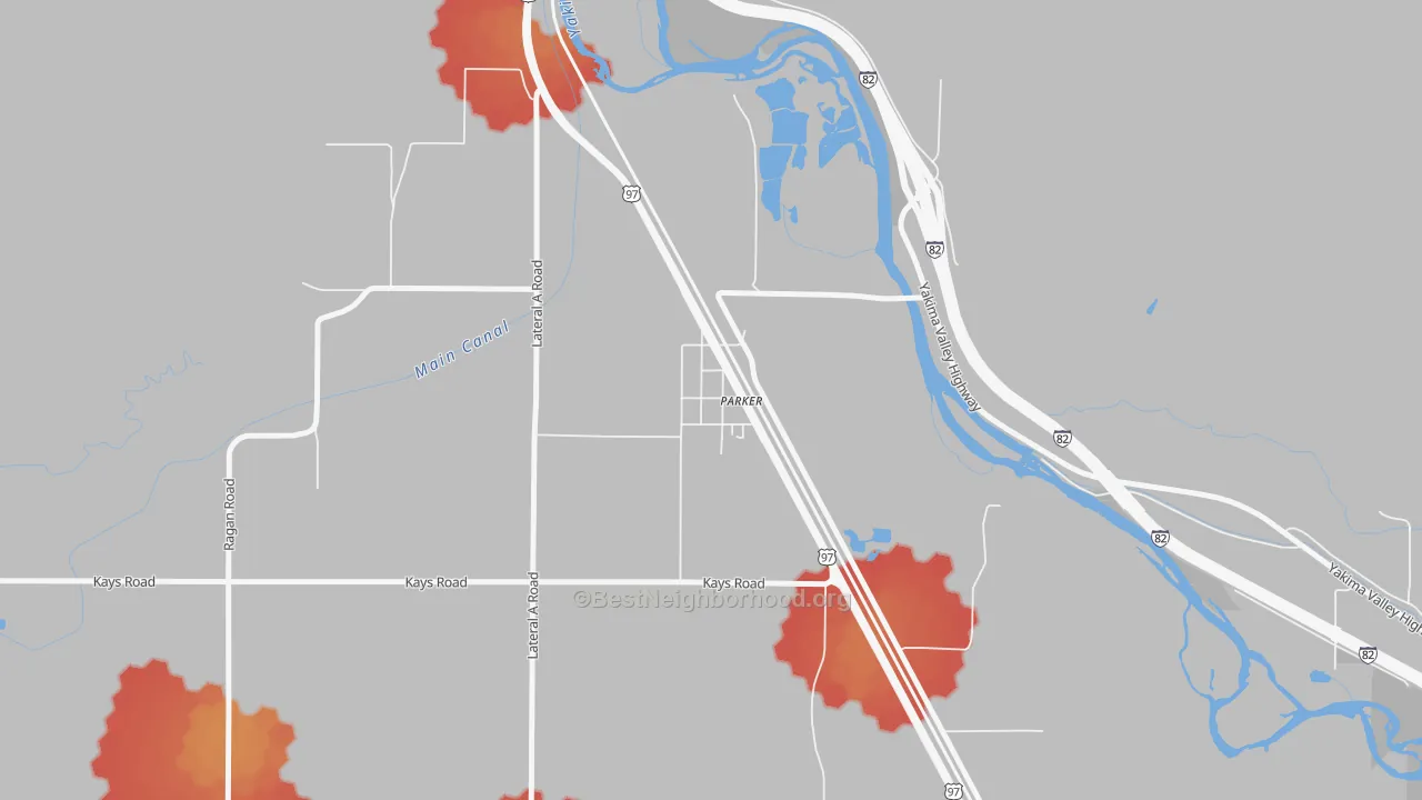 Walk Grade map of 98939, WA, walkable areas in green and car-dependent areas in red