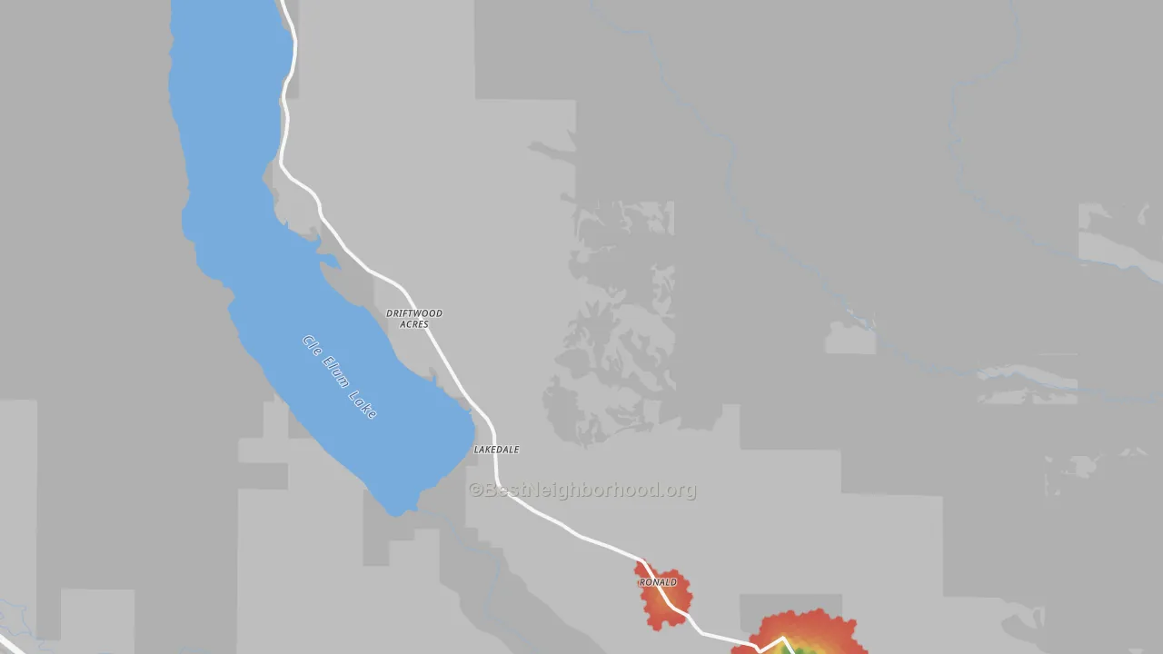 Walk Grade map of 98940, WA, walkable areas in green and car-dependent areas in red