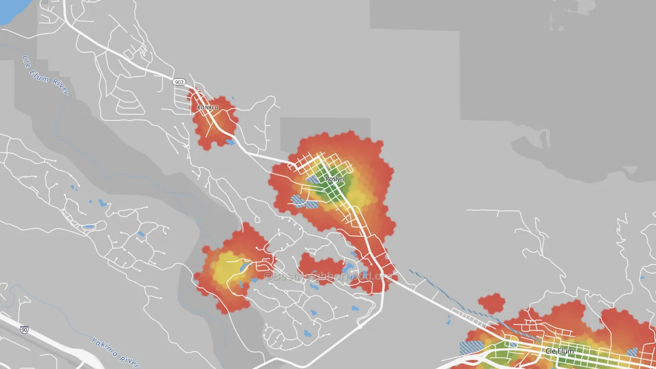 Walk Grade map of 98941, WA, walkable areas in green and car-dependent areas in red
