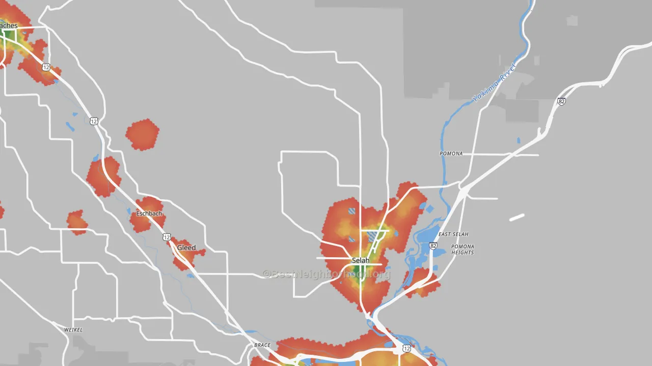 Walk Grade map of 98942, WA, walkable areas in green and car-dependent areas in red