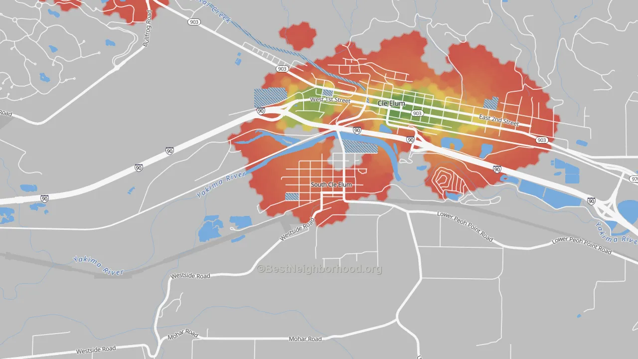 Walk Grade map of 98943, WA, walkable areas in green and car-dependent areas in red