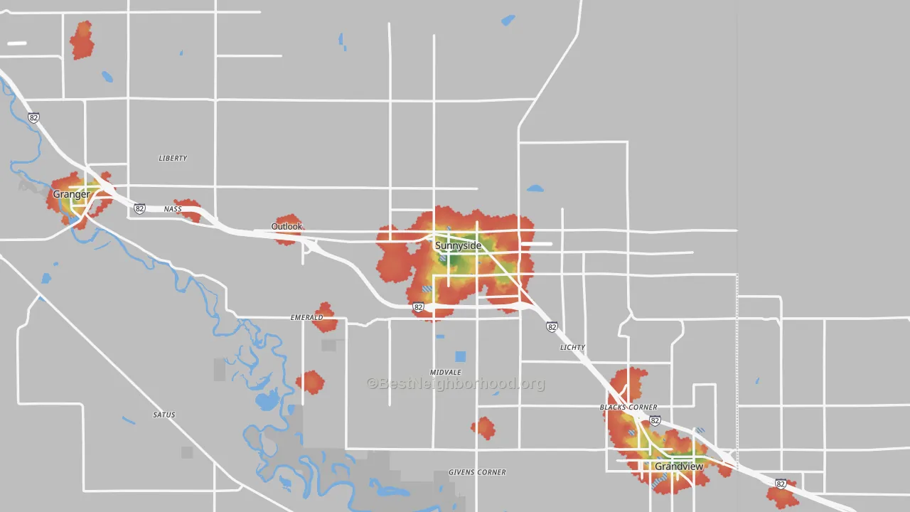 Walk Grade map of 98944, WA, walkable areas in green and car-dependent areas in red