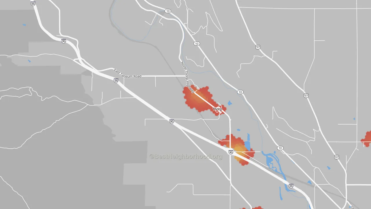 Walk Grade map of 98946, WA, walkable areas in green and car-dependent areas in red