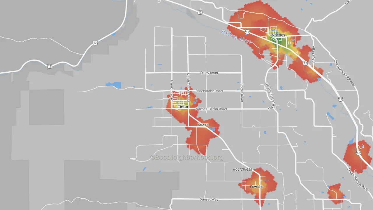 Walk Grade map of 98947, WA, walkable areas in green and car-dependent areas in red
