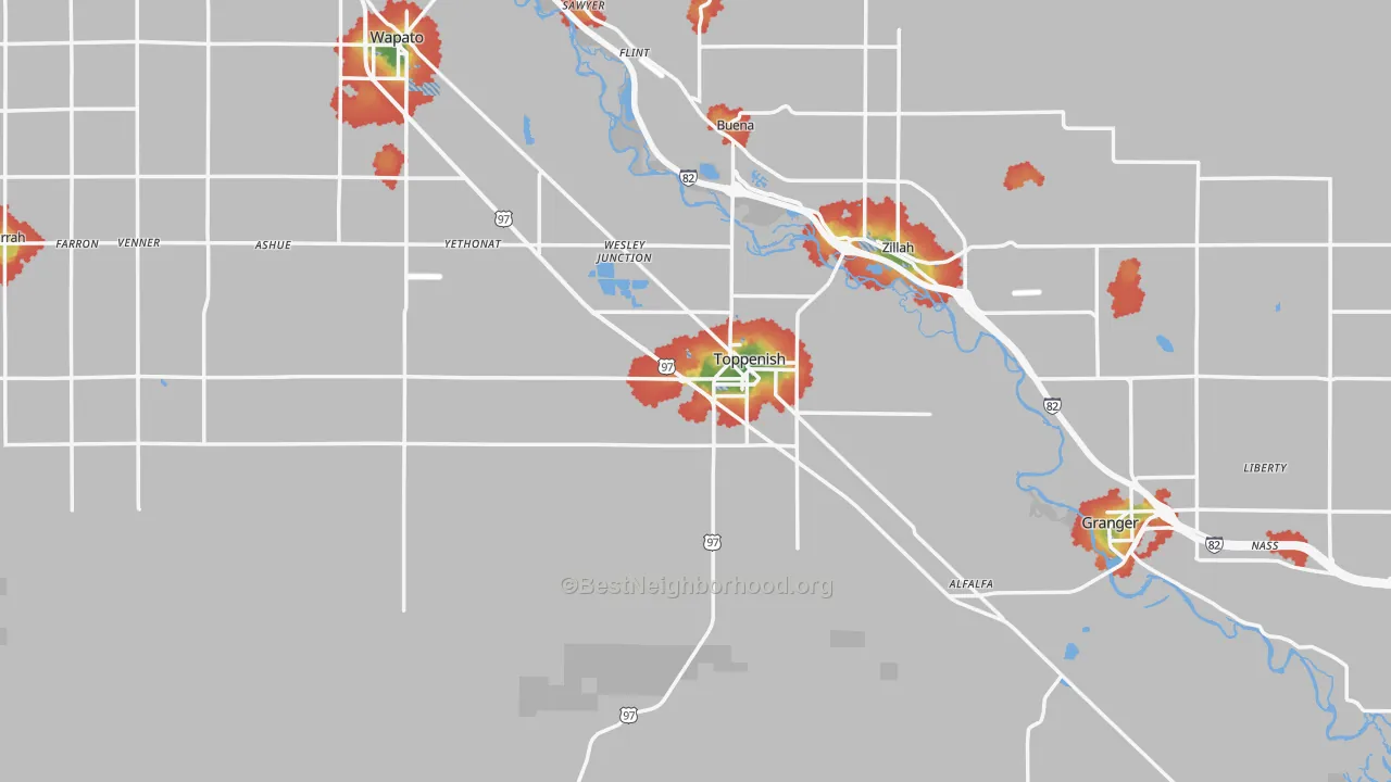 Walk Grade map of 98948, WA, walkable areas in green and car-dependent areas in red
