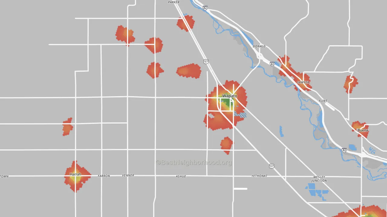 Walk Grade map of 98951, WA, walkable areas in green and car-dependent areas in red