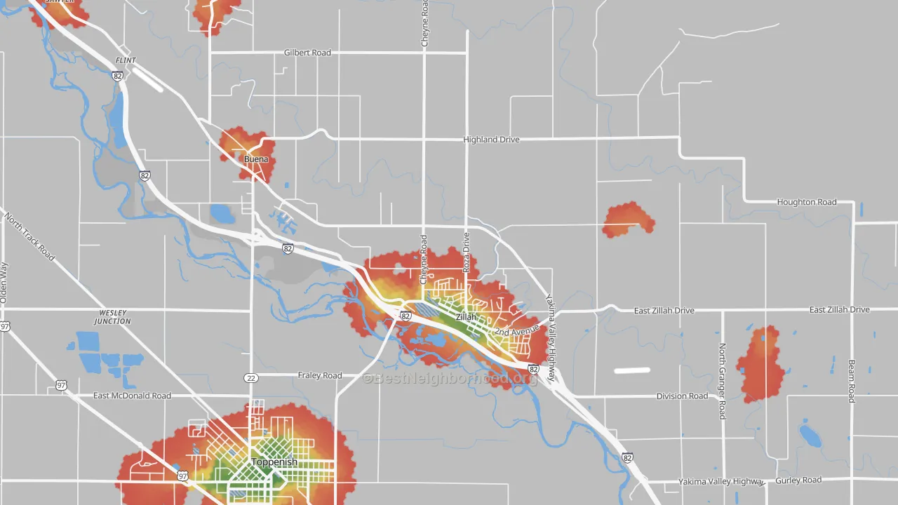 Walk Grade map of 98953, WA, walkable areas in green and car-dependent areas in red