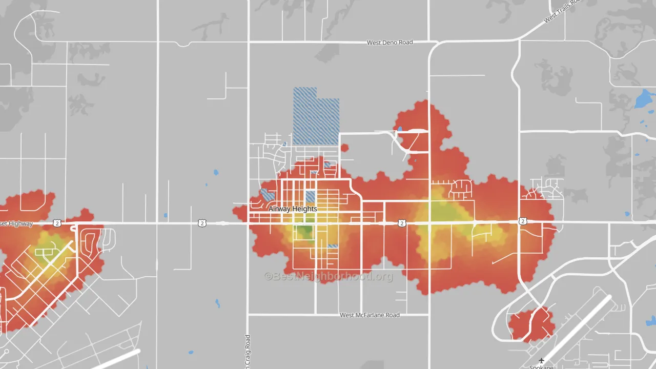 Walk Grade map of 99001, WA, walkable areas in green and car-dependent areas in red