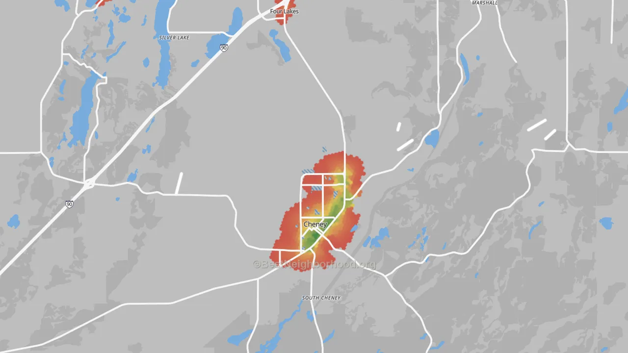 Walk Grade map of 99004, WA, walkable areas in green and car-dependent areas in red