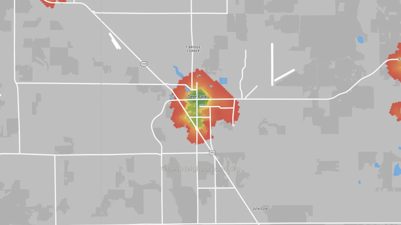 Walk Grade map of 99006, WA, walkable areas in green and car-dependent areas in red