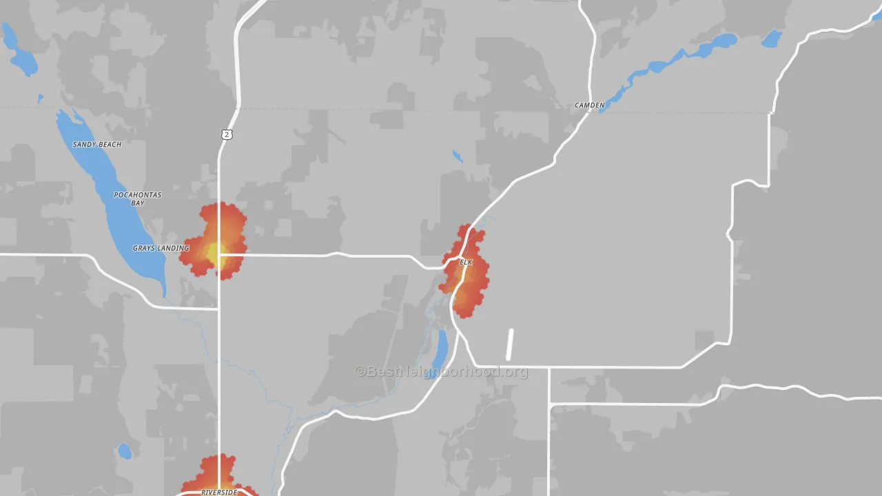 Walk Grade map of 99009, WA, walkable areas in green and car-dependent areas in red