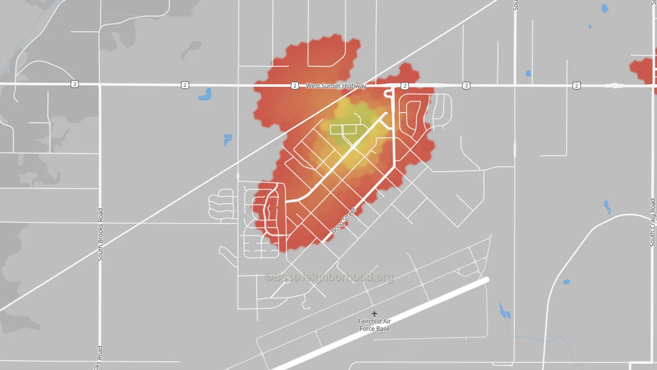 Walk Grade map of 99011, WA, walkable areas in green and car-dependent areas in red