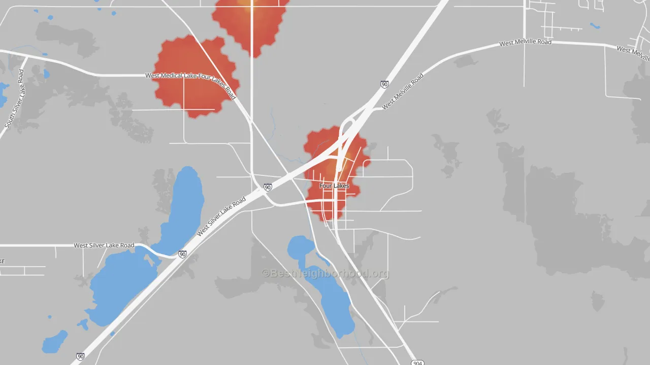 Walk Grade map of 99014, WA, walkable areas in green and car-dependent areas in red
