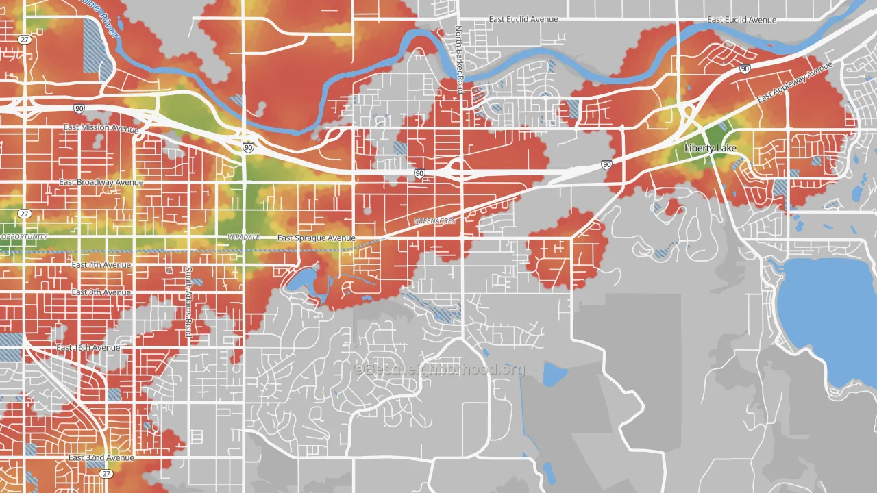 Walk Grade map of 99016, WA, walkable areas in green and car-dependent areas in red