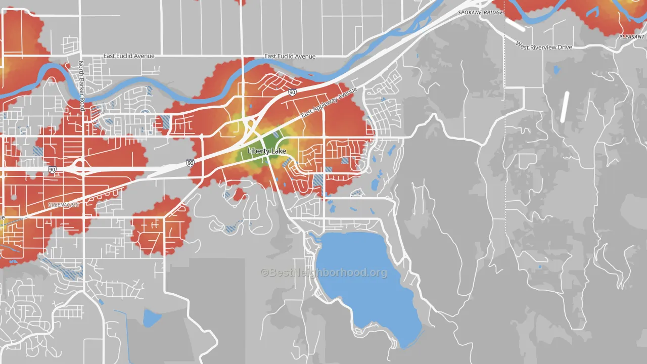 Walk Grade map of 99019, WA, walkable areas in green and car-dependent areas in red