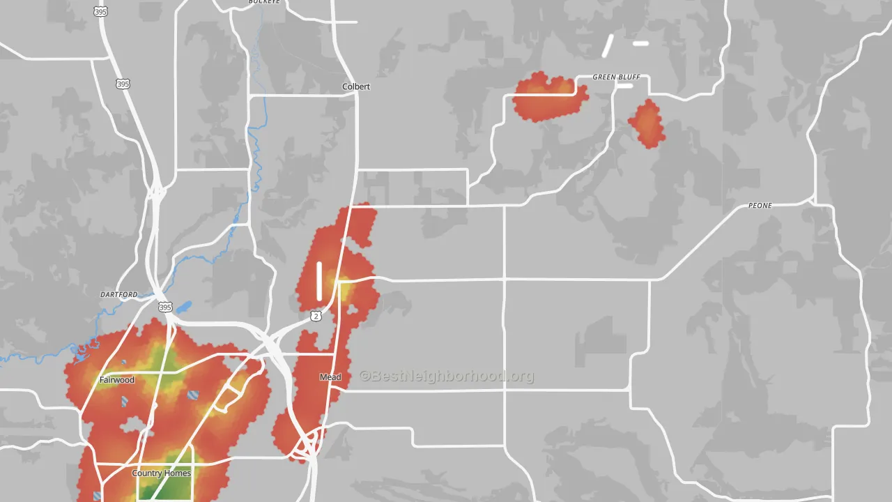 Walk Grade map of 99021, WA, walkable areas in green and car-dependent areas in red