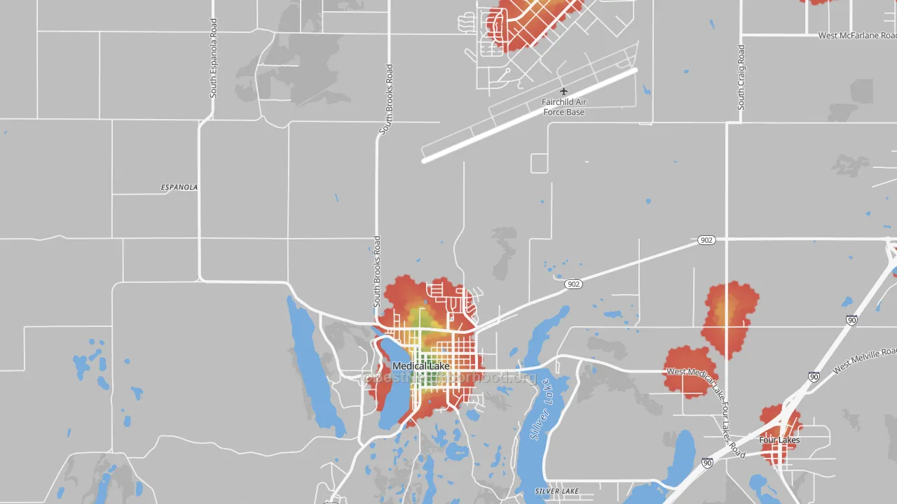 Walk Grade map of 99022, WA, walkable areas in green and car-dependent areas in red