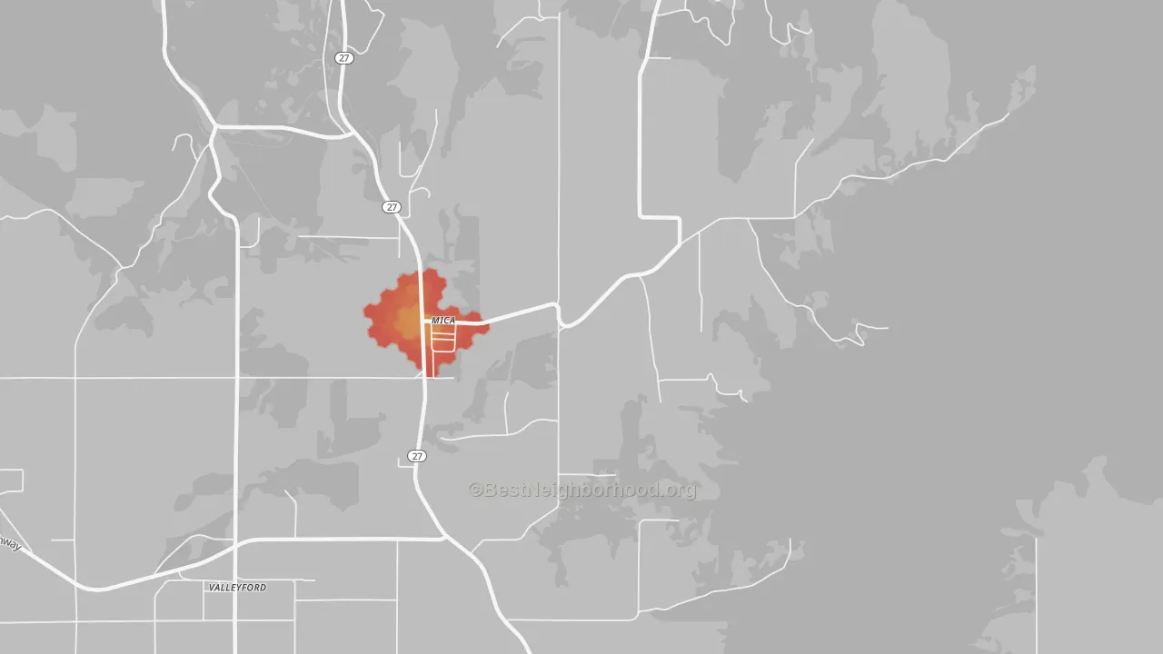 Walk Grade map of 99023, WA, walkable areas in green and car-dependent areas in red