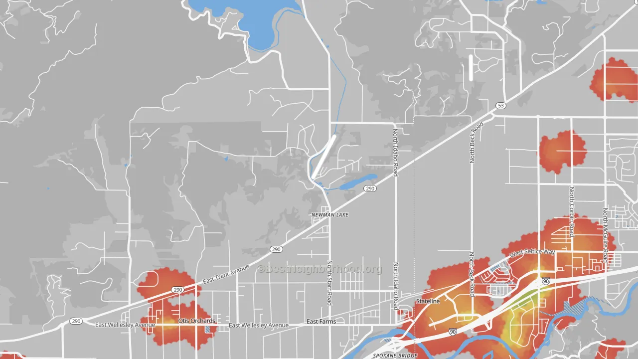 Walk Grade map of 99025, WA, walkable areas in green and car-dependent areas in red