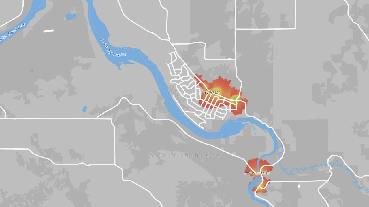 Walk Grade map of 99026, WA, walkable areas in green and car-dependent areas in red