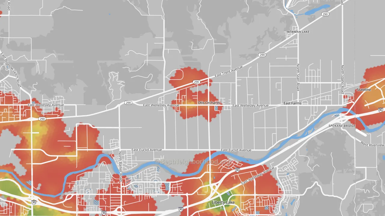 Walk Grade map of 99027, WA, walkable areas in green and car-dependent areas in red